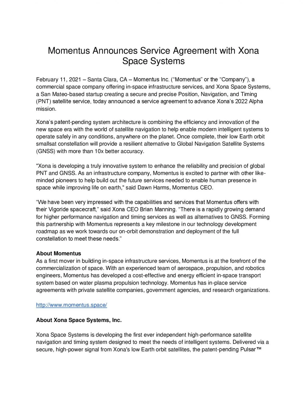 PDF-Momentus Announces Service Agreement with Xona