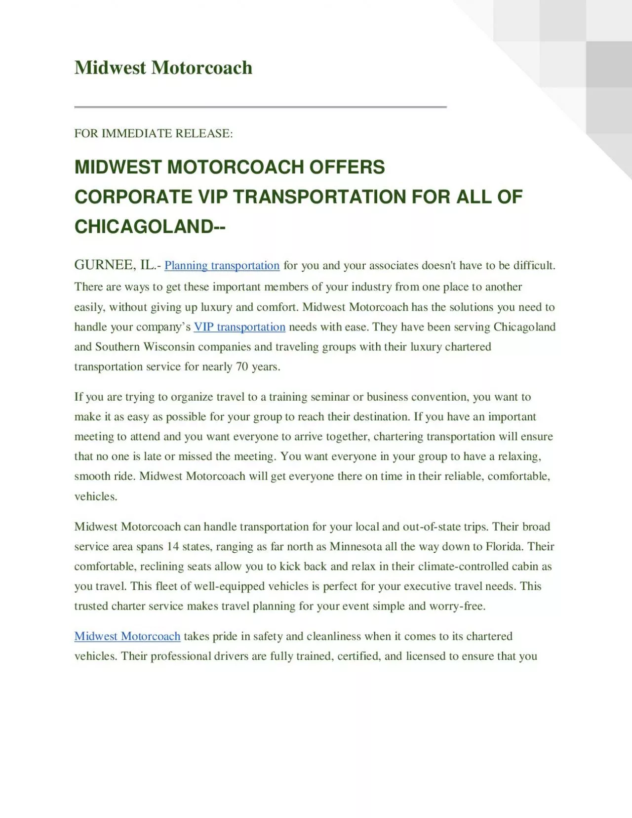 PDF-MIDWEST MOTORCOACH OFFERS CORPORATE VIP TRANSPORTATION FOR ALL OF CHICAGOLAND