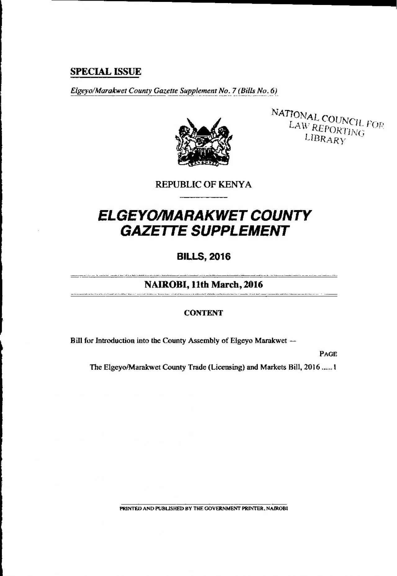 PDF-SPECIAL ISSUE ElgeyoMarakwet County Gazette Supplement No 7 Bills N