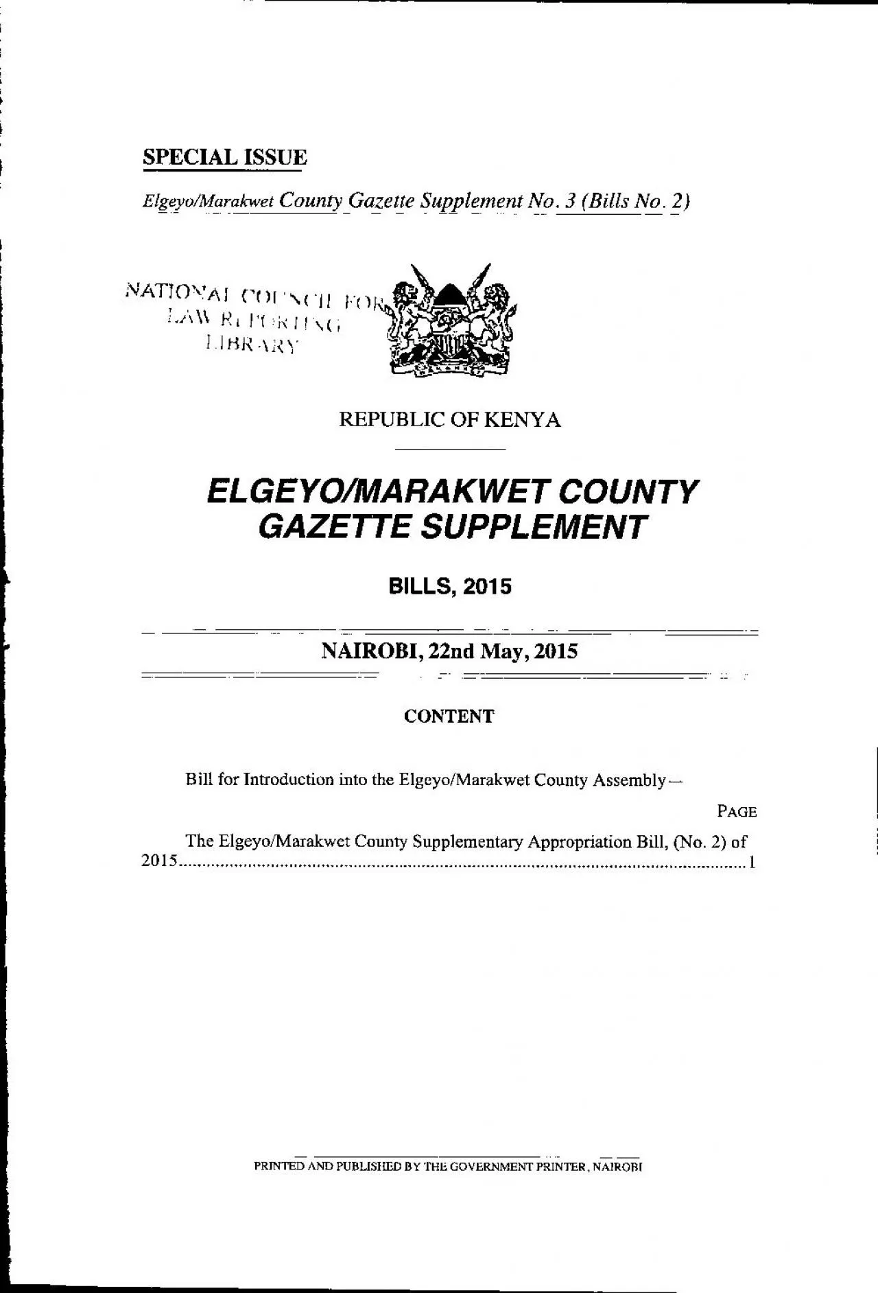 PDF-SPECIAL ISSUE ElgeyoMarakwet County Gazette Supplement No 3 Bills N