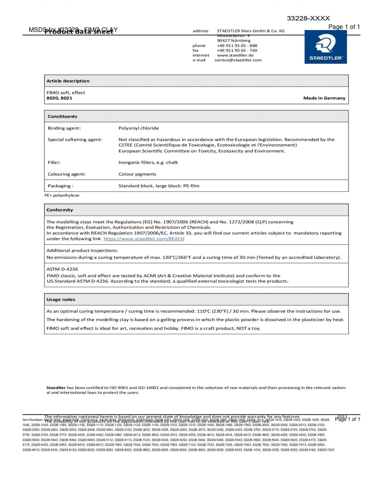 PDF-MSDS for 33228 FIMO CLAY