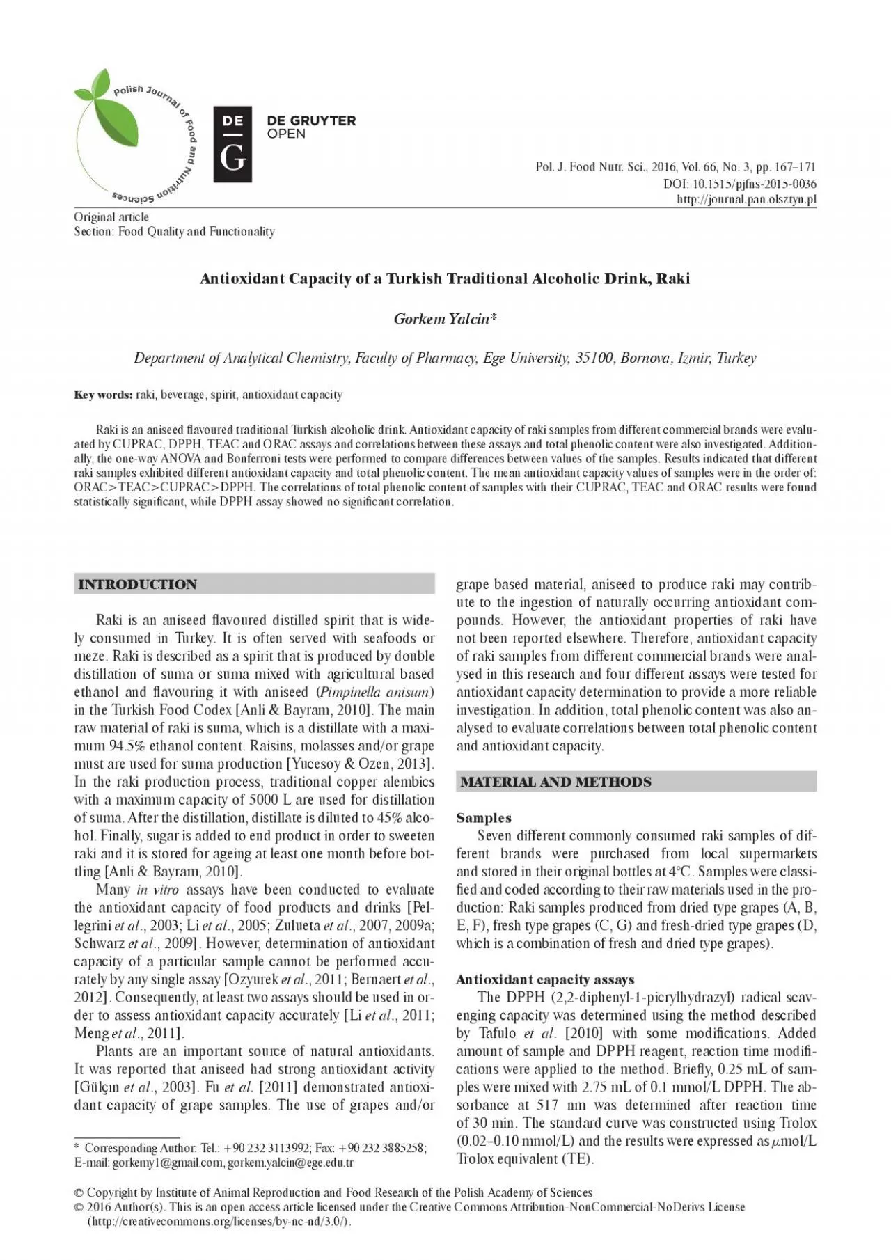 PDF-Pol JFood Nutr Sci 2016 Vol 66 No 3 pp 167171Section Food