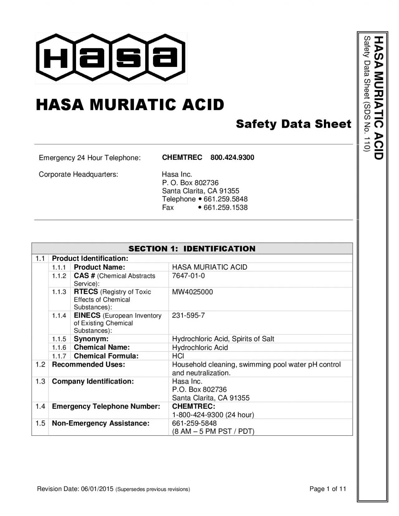 PDF-HASAMURIATIC ACIDSafety Data Sheet SDS No 110 Revision Date 0601