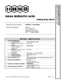 HASAMURIATIC ACIDSafety Data Sheet SDS No 110 Revision Date 0601
