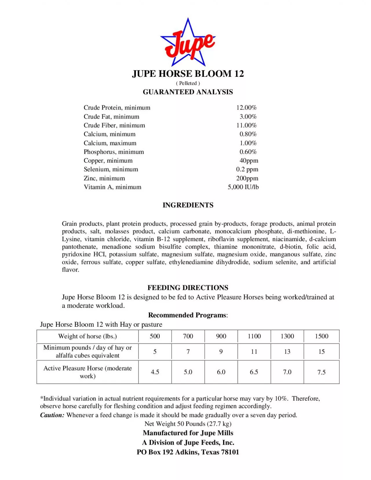 PDF-JUPE HORSE BLOOM 12 Pelleted GUARANTEED ANALYSIS Crude Protein mi