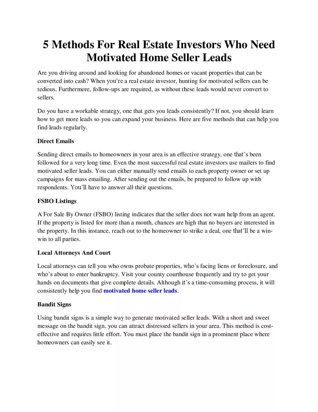 PDF-5 Methods For Real Estate Investors Who Need Motivated Home Seller Leads