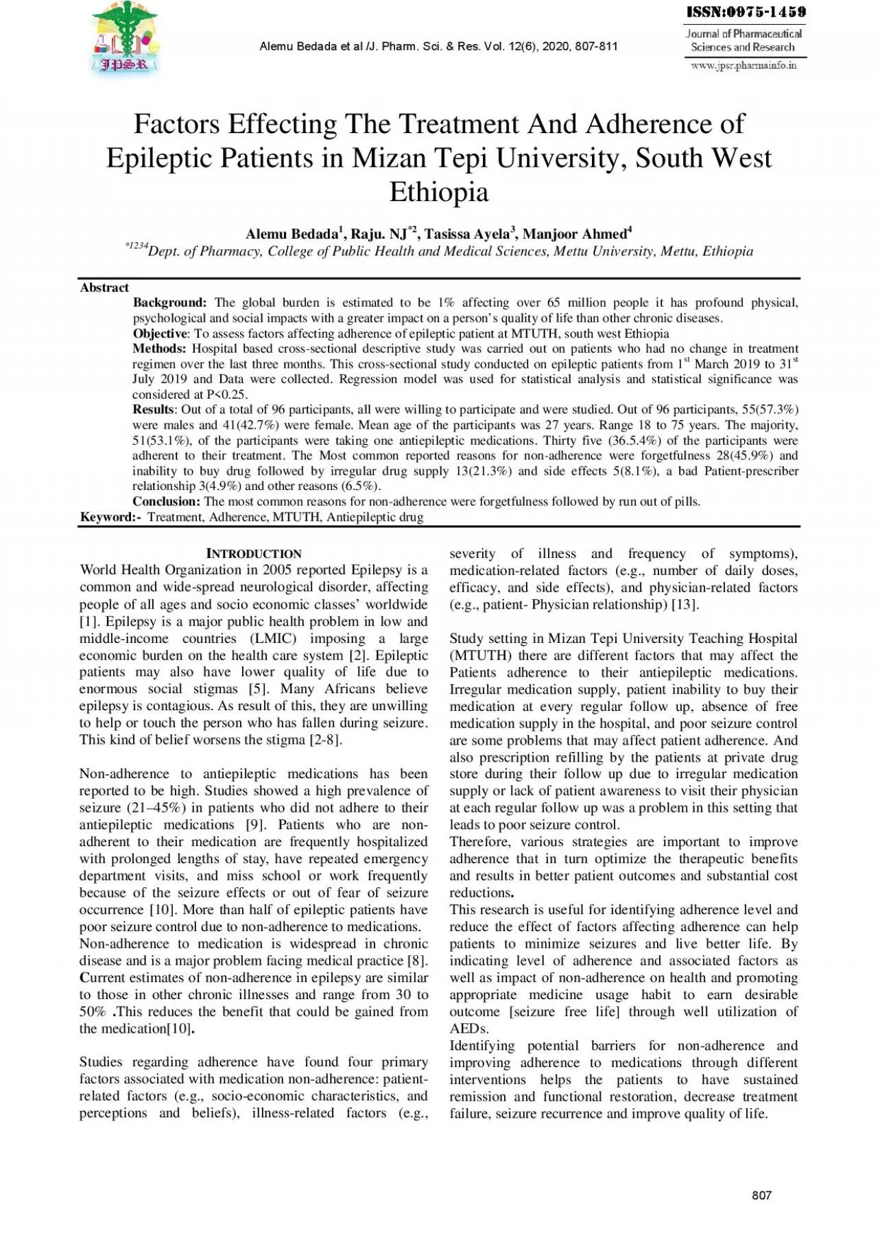 PDF-Factors Effecting The Treatment And Adherence of Epileptic Patients in