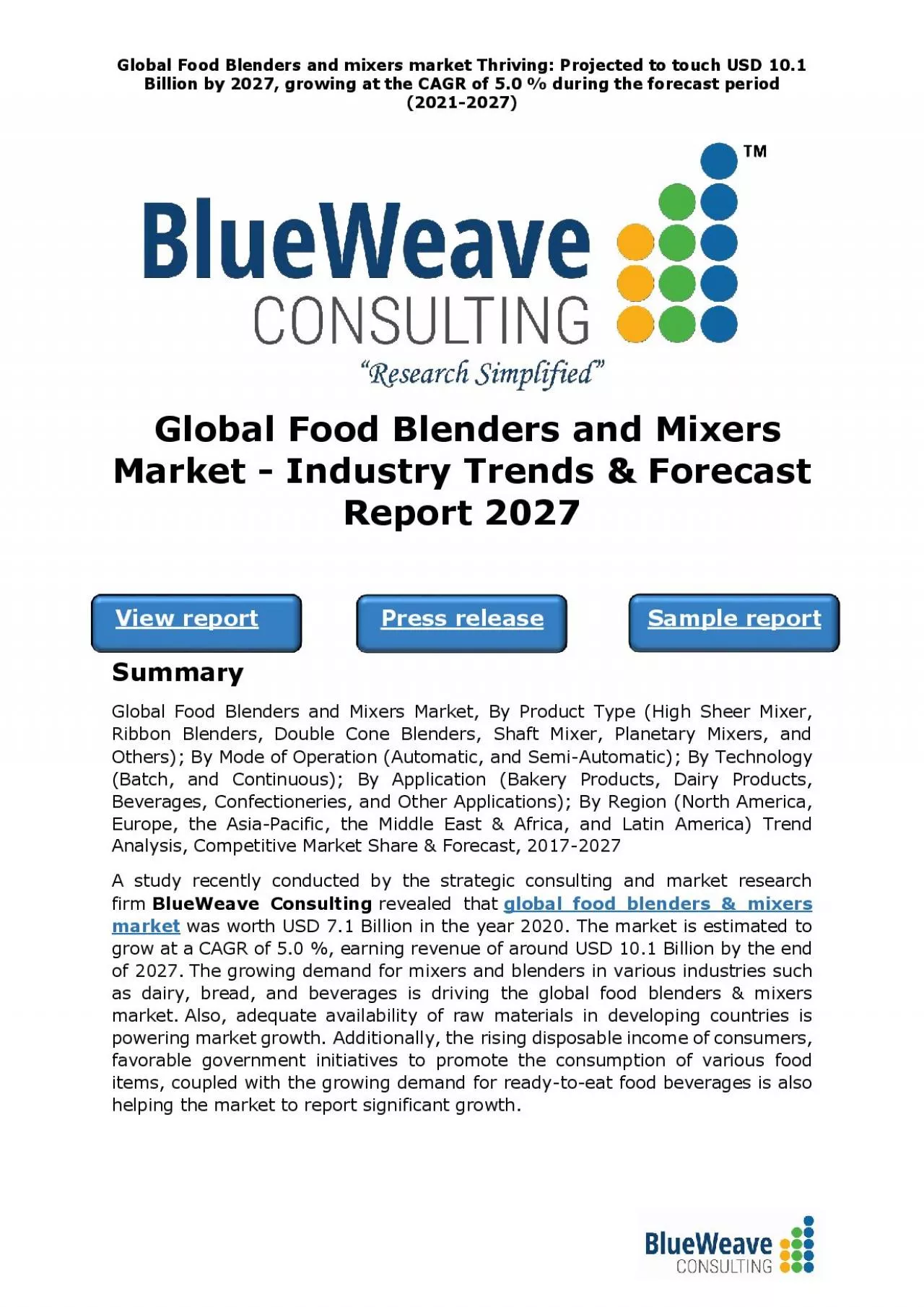 PDF-﻿The Global Food Blenders and Mixers Market - Industry Trends & Forecast Report 2027