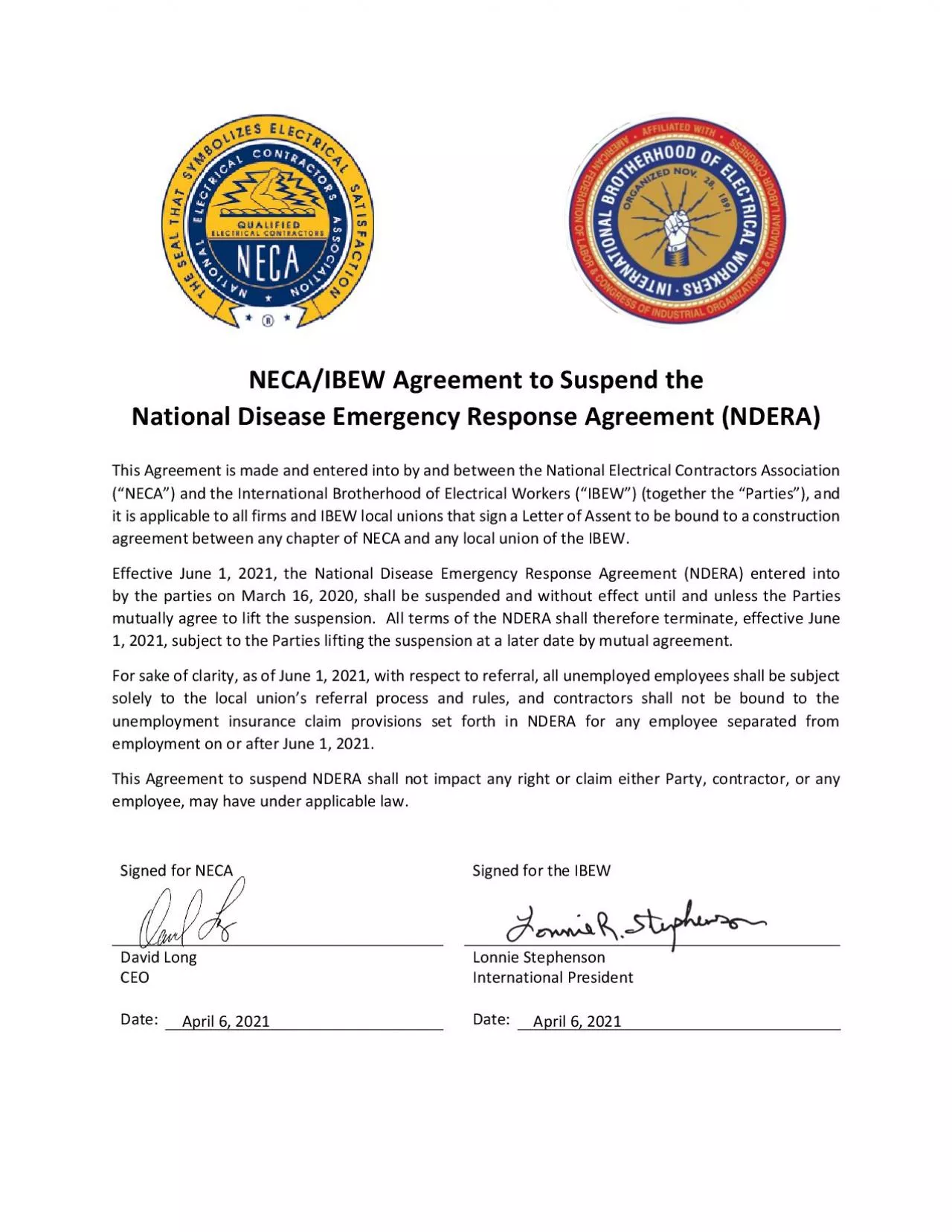 PDF-NECAIBEW Agreement to Suspend Disease Emergency Response ement NDThi