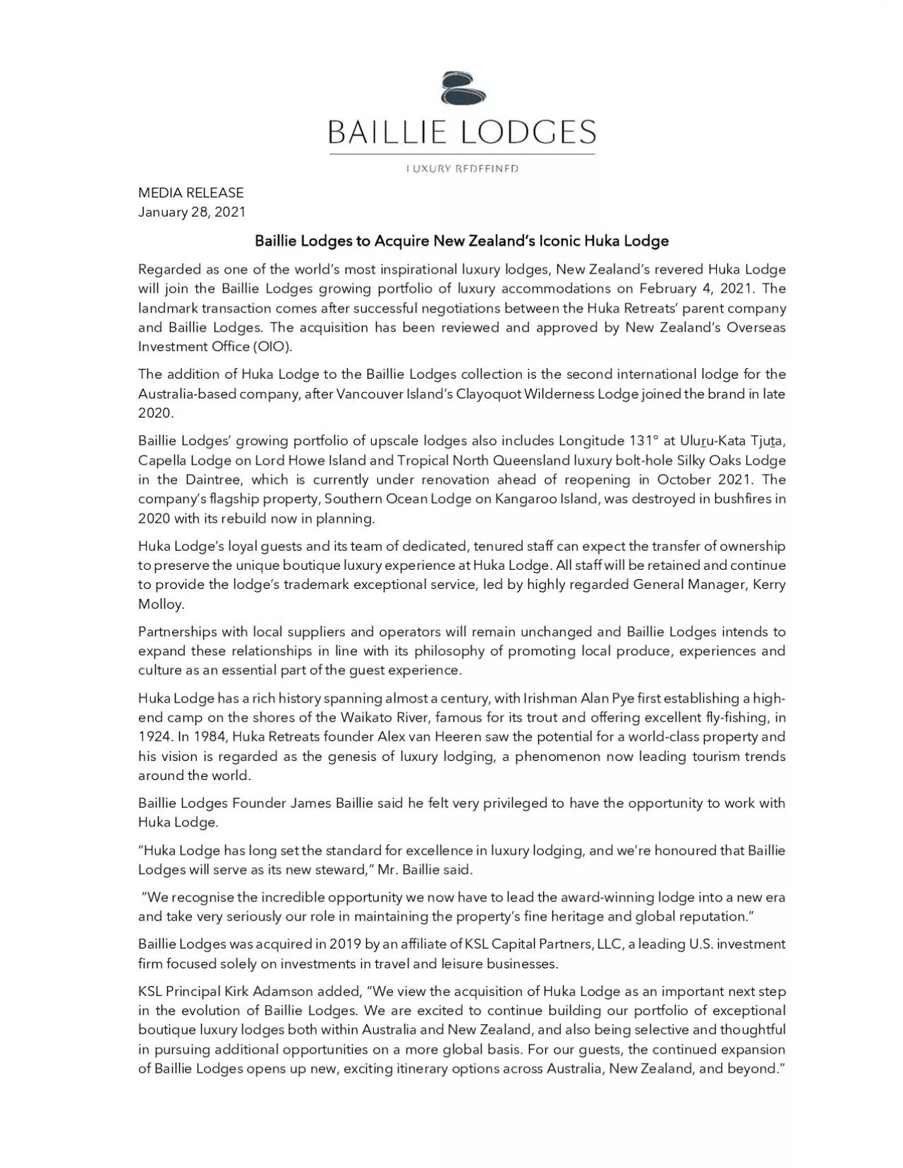 PDF-MEDIA RELEASE Baillie Lodges to Acquire New Zealands Iconic Huka Lodg