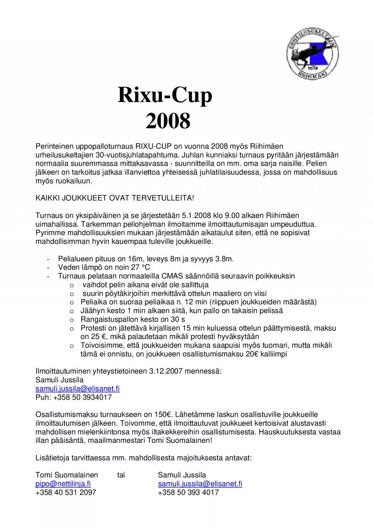 PDF-Perinteinen uppopalloturnaus RIXUCUP on vuonna 2008 mys Riihimen