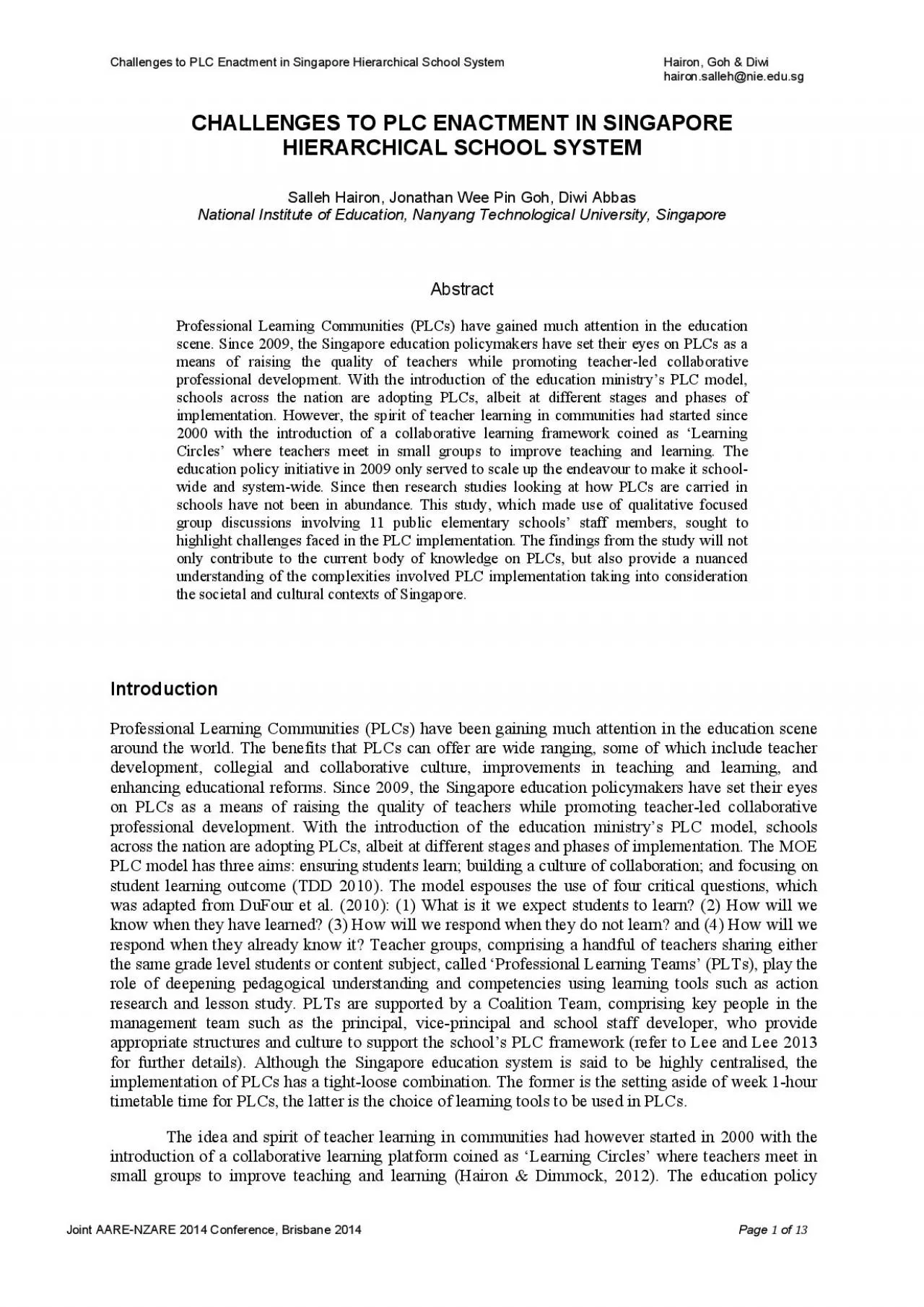 PDF-Challenges to PLC Enactment in Singapore Hierarchical School System