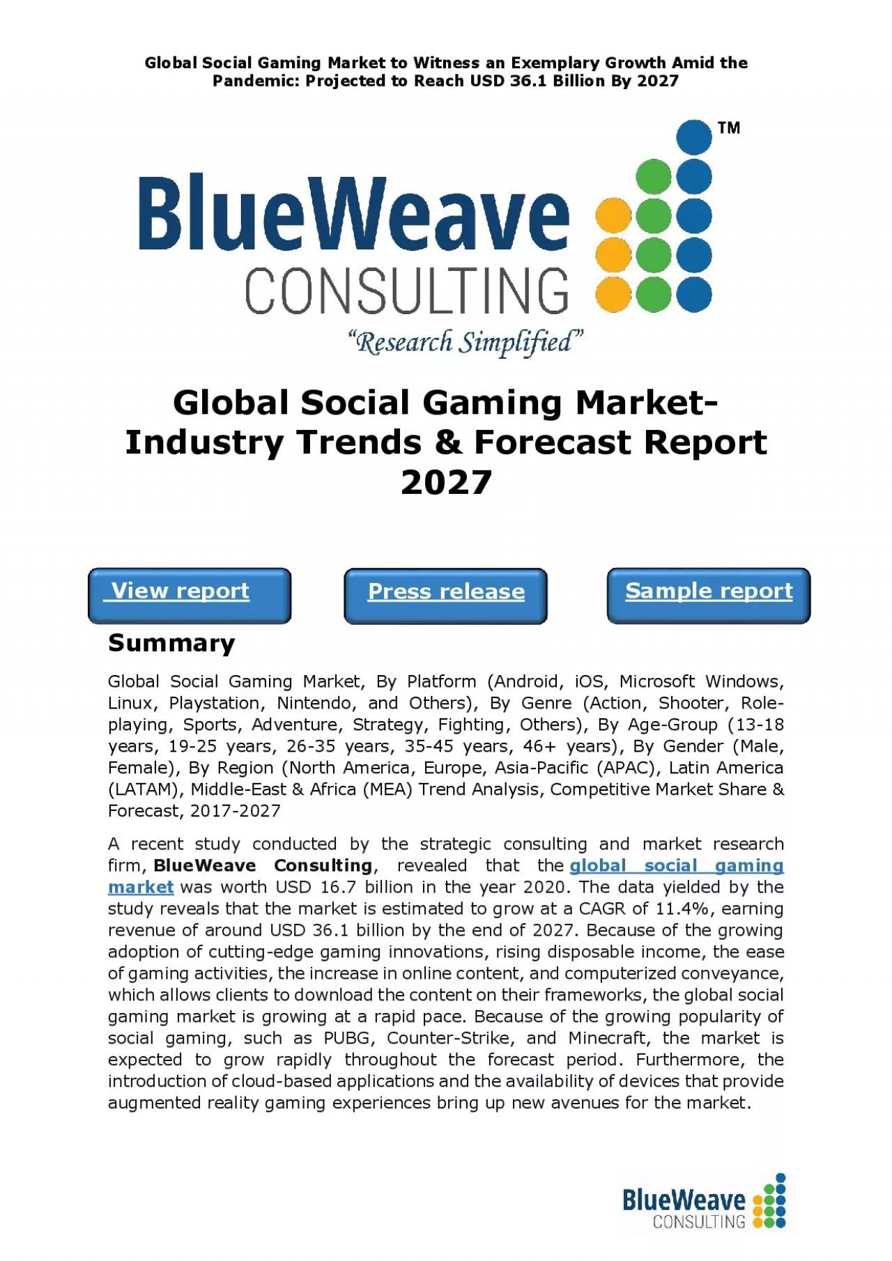 PDF-Global Social Gaming Market- Industry Trends & Forecast Report 2027