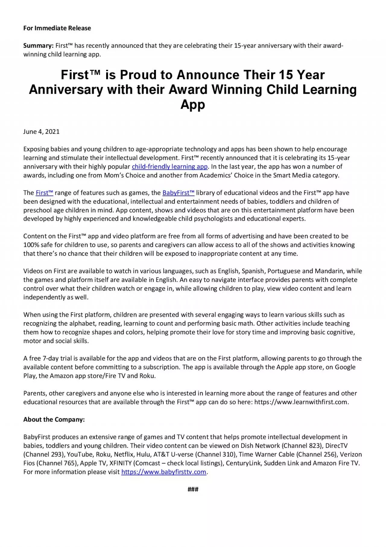 PDF-First™ is Proud to Announce Their 15 Year Anniversary with their Award Winning Child