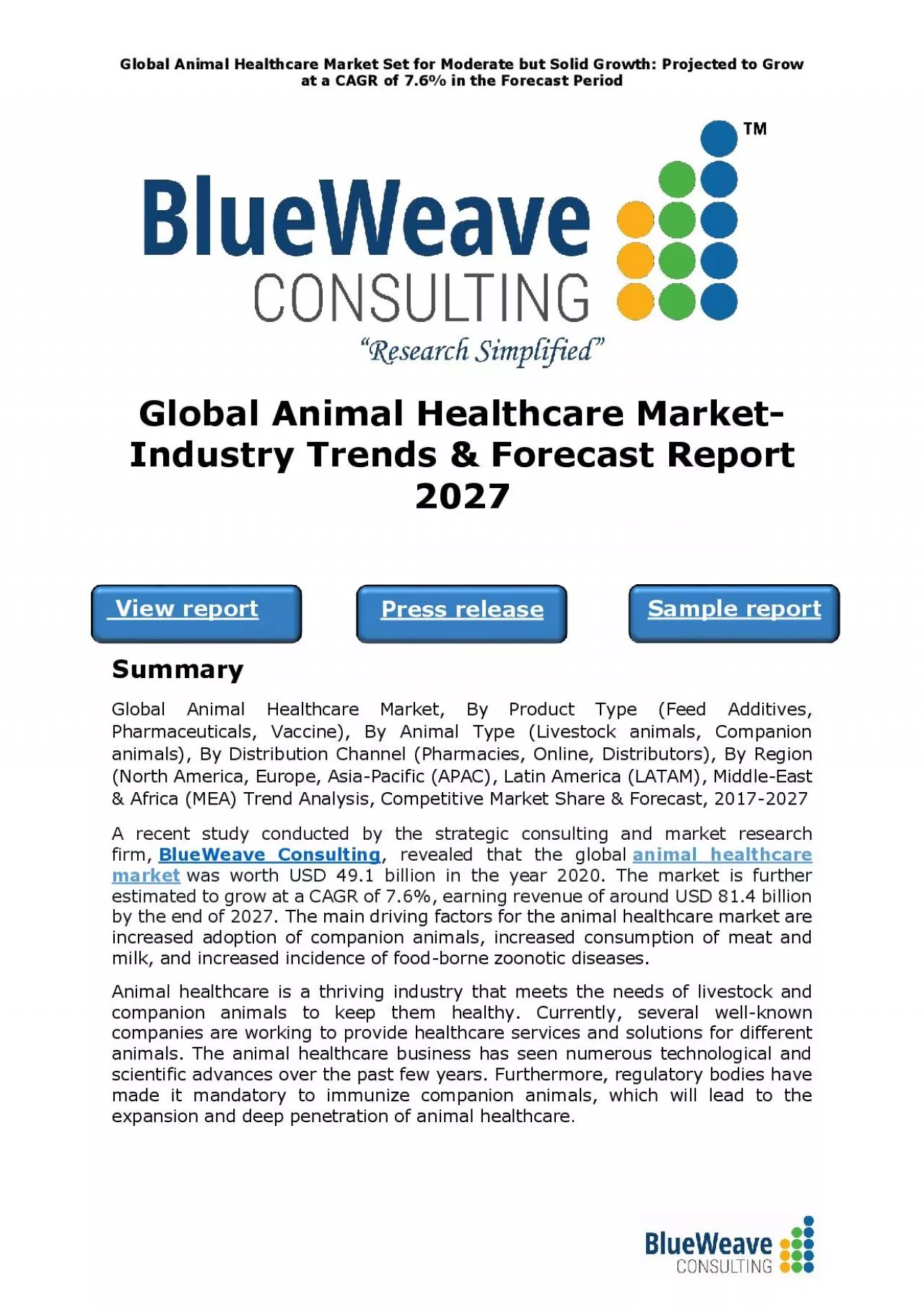 PDF-Global Animal Healthcare Market- Industry Trends & Forecast Report 2027