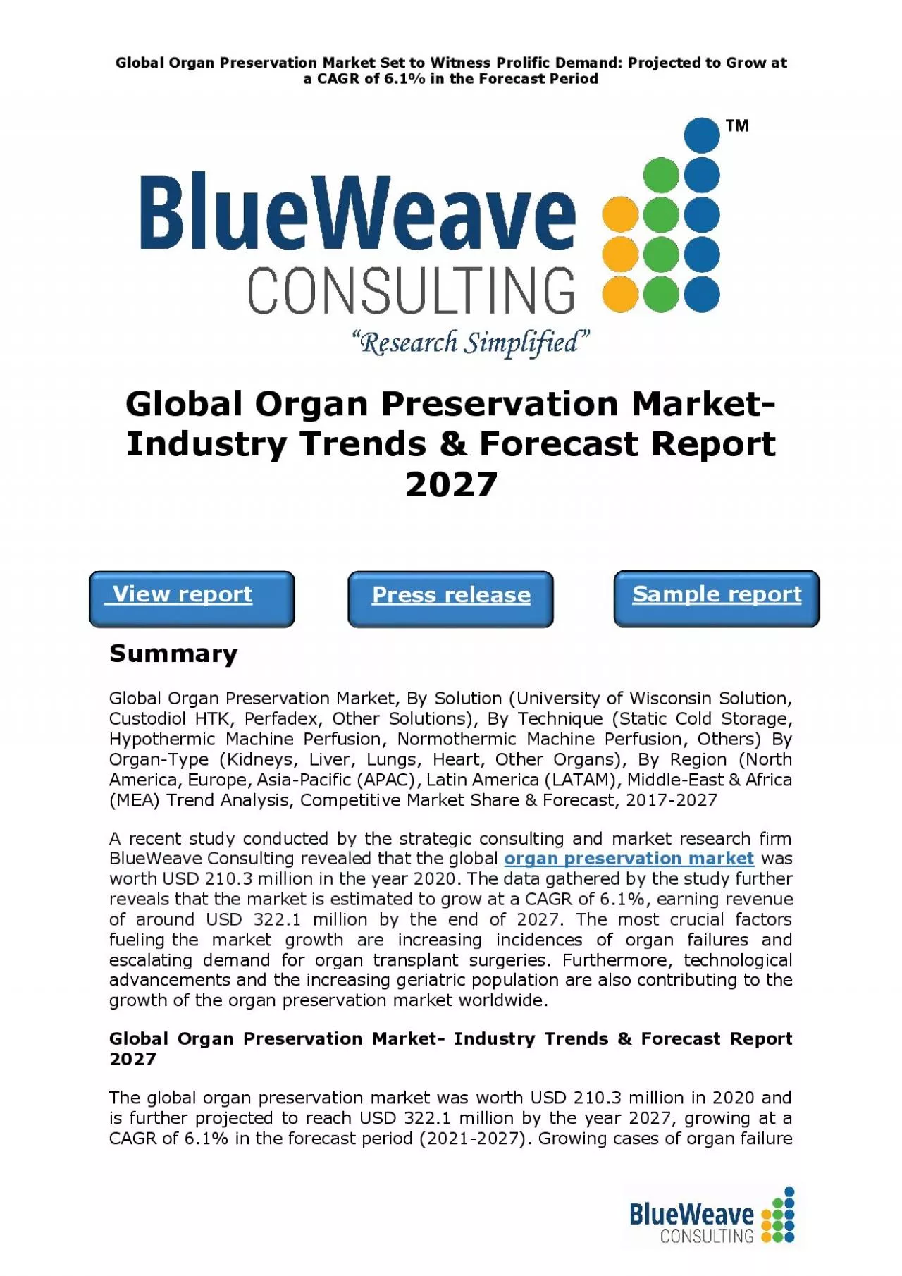 PDF-Global Organ Preservation Market Set to Witness Prolific Demand: Projected to Grow at