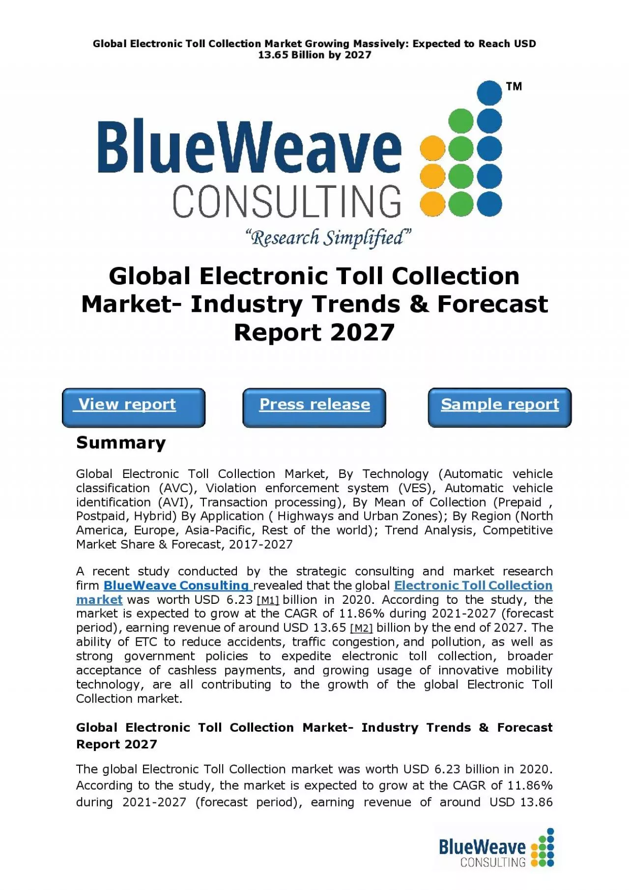 PDF-Global Electronic Toll Collection Market- Industry Trends & Forecast Report 2027