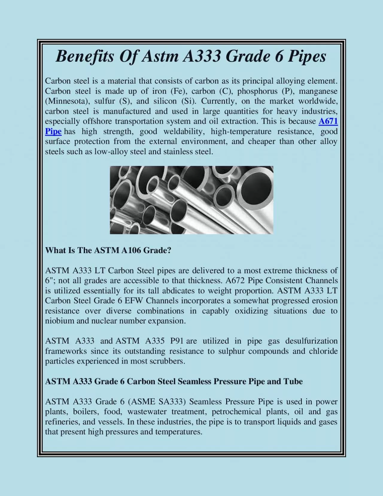 PDF-Benefits Of Astm A333 Grade 6 Pipes