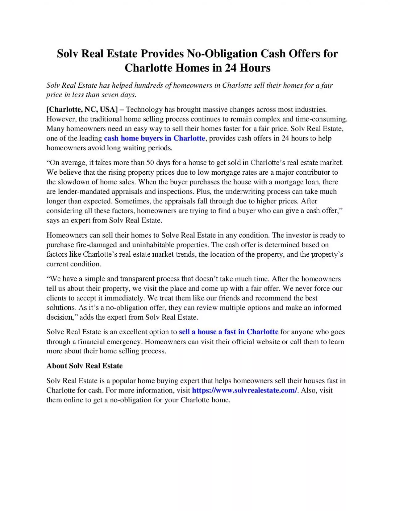 PDF-Solv Real Estate Provides No-Obligation Cash Offers for Charlotte Homes in 24 Hours