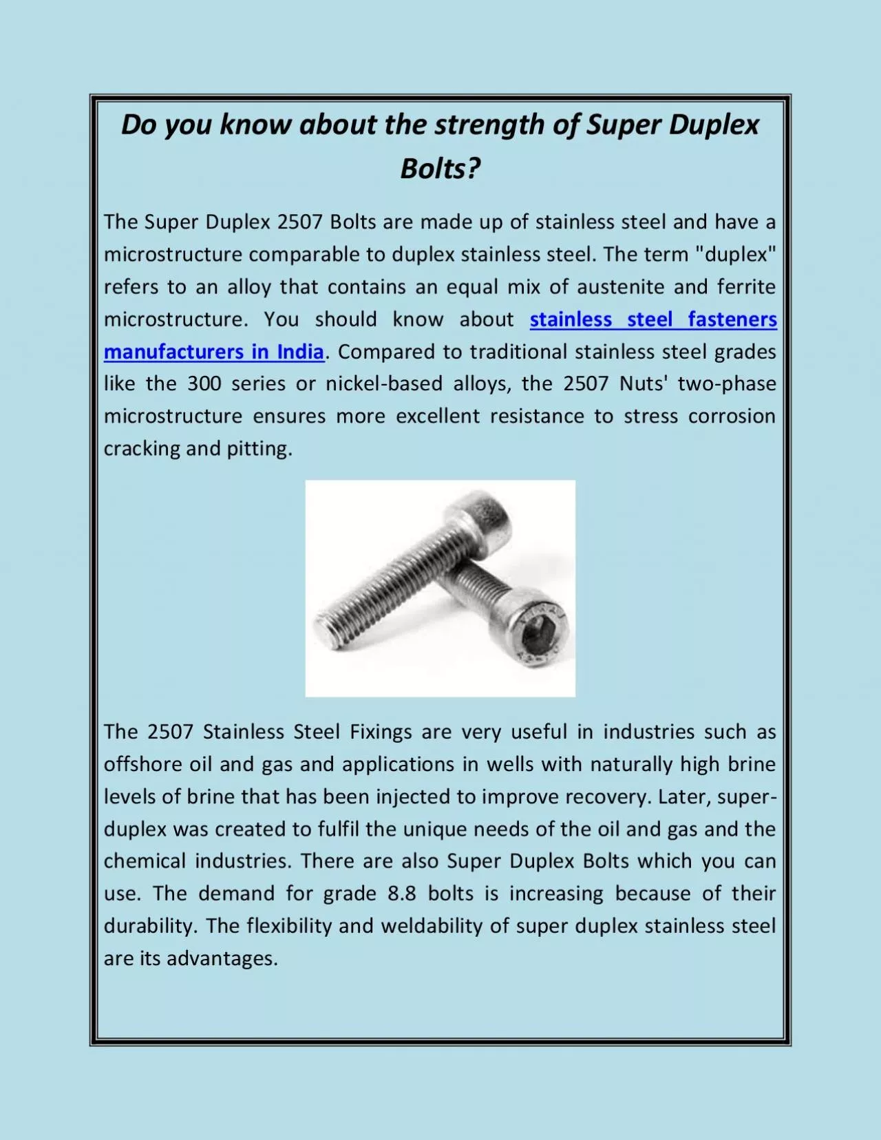 PDF-Do you know about the strength of Super Duplex Bolts?