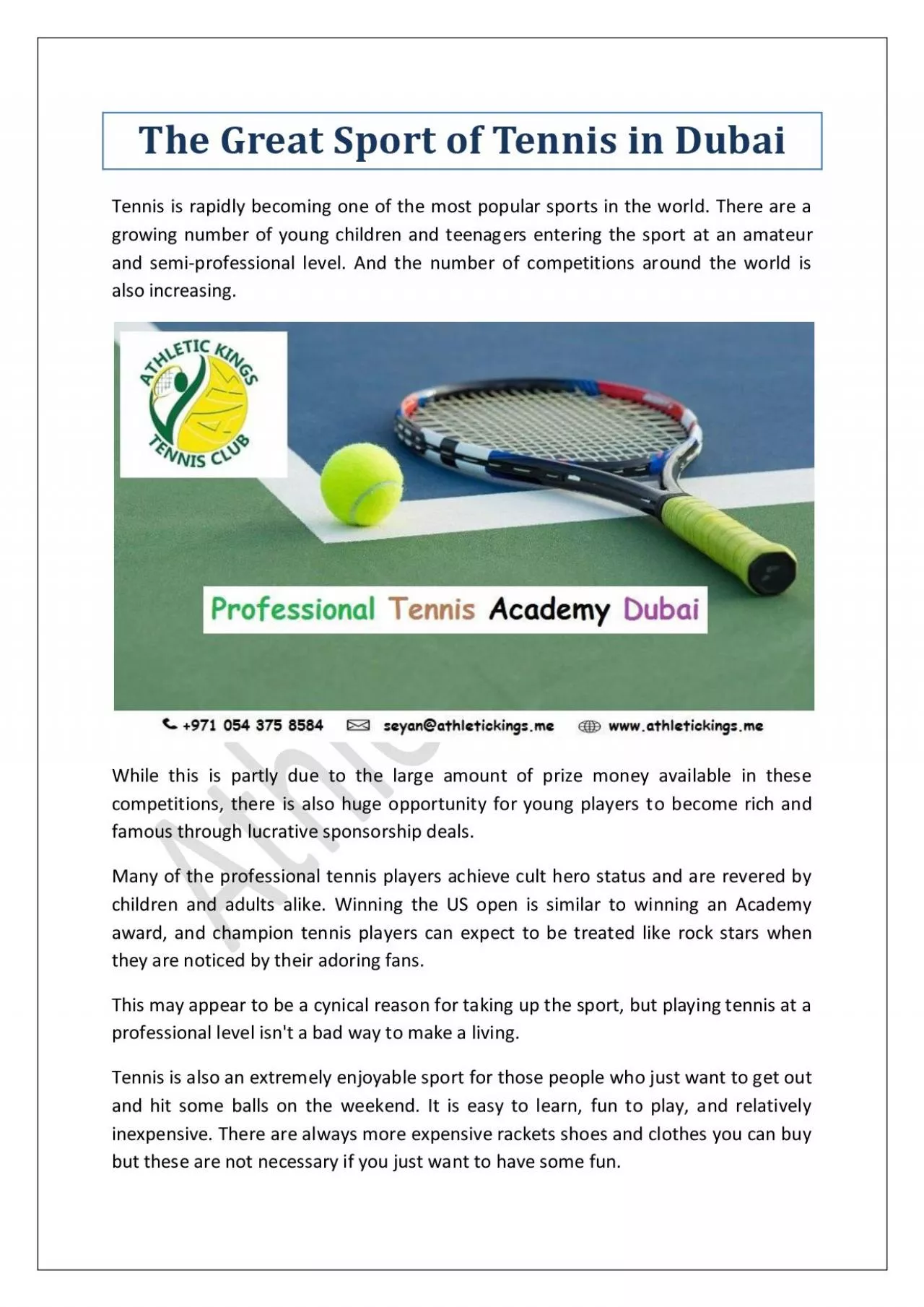 PDF-The Great Sport of Tennis in Dubai