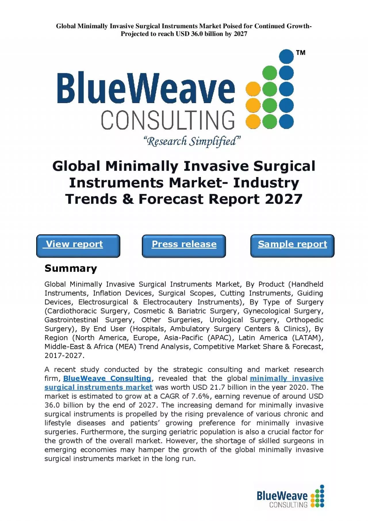 PDF-Global Minimally Invasive Surgical Instruments Market- Industry Trends & Forecast Report