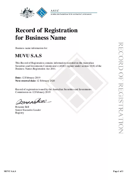 Record of Registrationfor Business NameBusiness name information for
