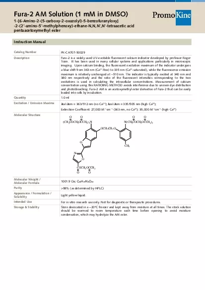 Description Fura2 is a widely used UVexcitable fluorescent calcium i