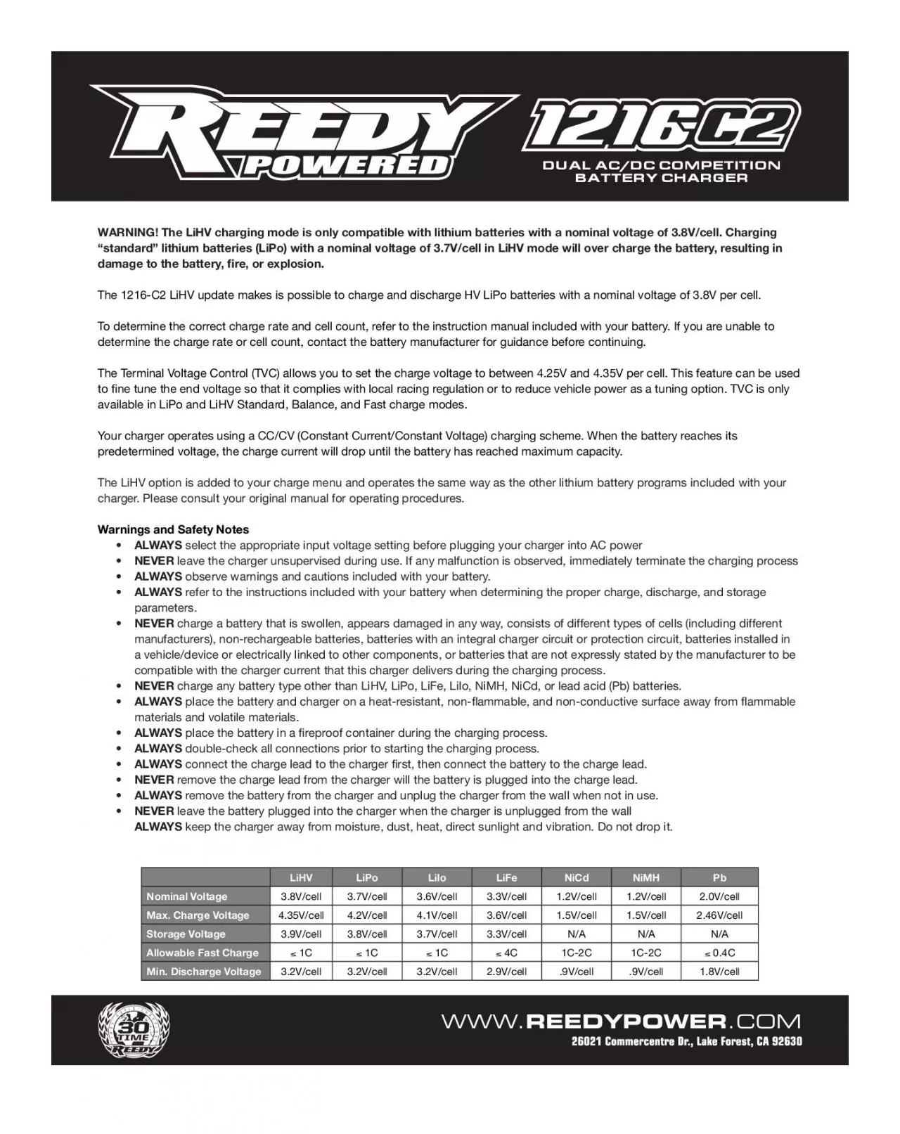 PDF-WARNING The LiHV charging mode is only compatible with lithium batteri