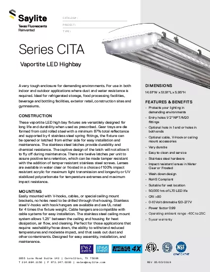 PDF-Series CITA Vaportite LED HighbayA very tough enclosure for demanding