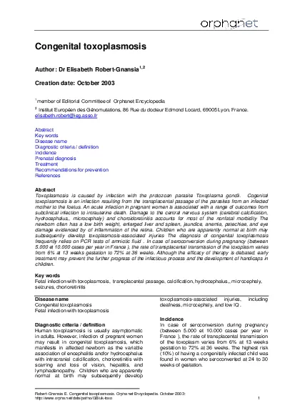 Jacquemard F Ultrasonographic signs of congenital toxoplasmosis Arch P