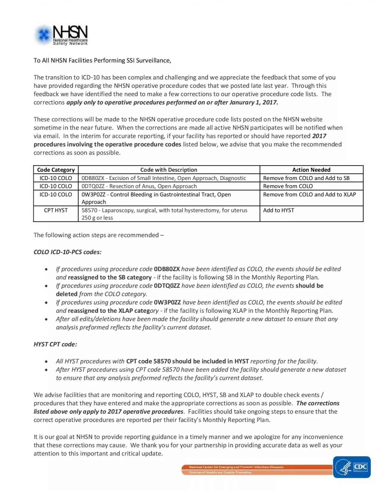 PDF-To All NHSN Facilities Performing SSI Surveillance The transition to I