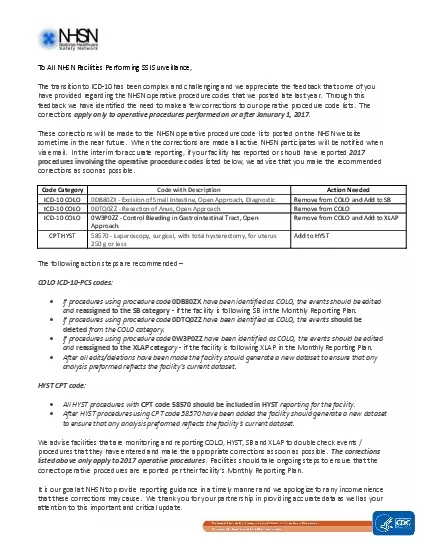 To All NHSN Facilities Performing SSI Surveillance The transition to I