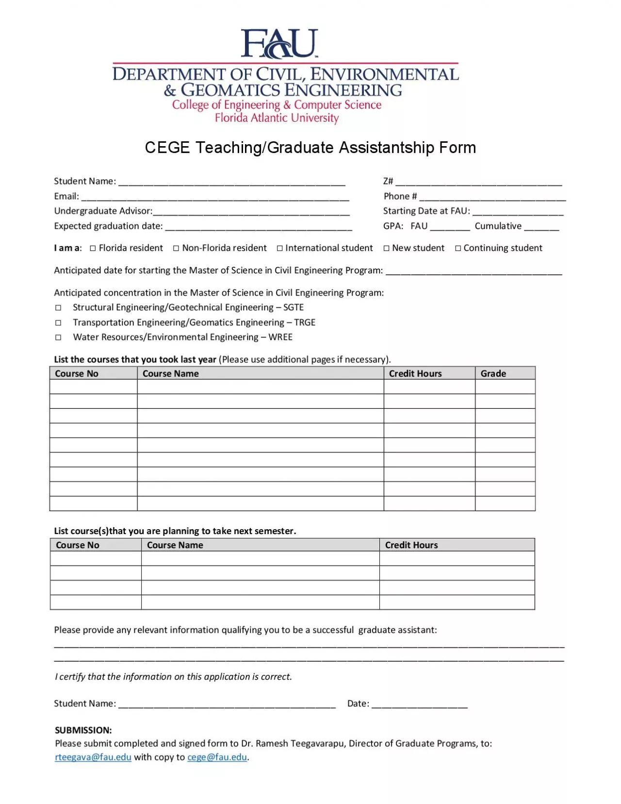 PDF-CEGE TeachingGraduate Assistantship FormStudent Name Z Email Phone