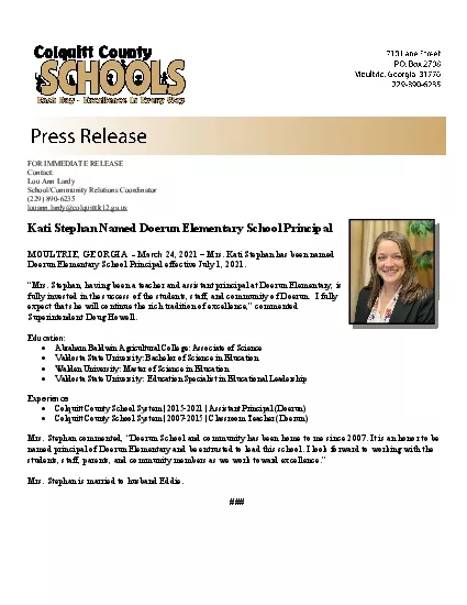 FOR IMMEDIATE RELEASE Contact Lou Ann Lardy SchoolCommunity Relations