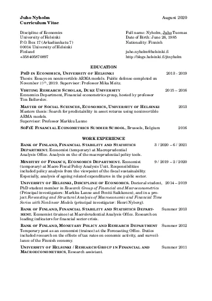 PDF-JuhoNyholmAugust2020CurriculumVitaeDisciplineofEconomicsUniversityofHe