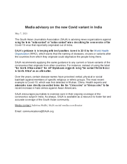 Media advisory on the new Covid variant in India