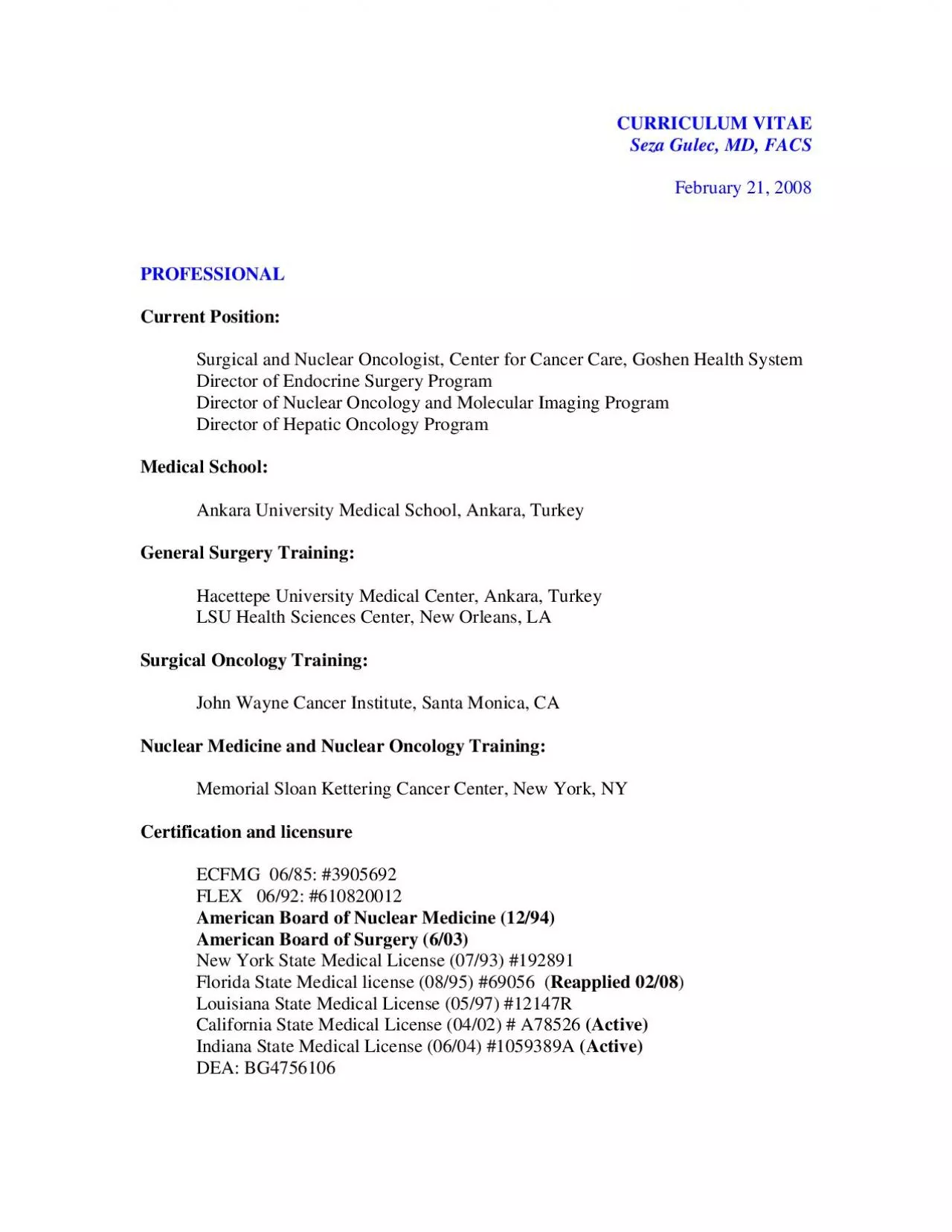 PDF-CURRICULUM VITAE PROFESSIONAL Current Position Surgical and Nuclear