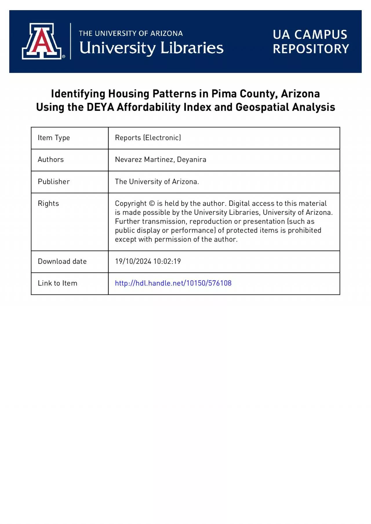 PDF-IDENTIFYING HOUSING PATTERNS IN PIMA COUNTY ARIZONA USING THE DEYA