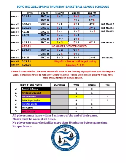 SOPO REC 2021 SPRING THURSDAY BASKETBALL LEAGUE SCHEDULE