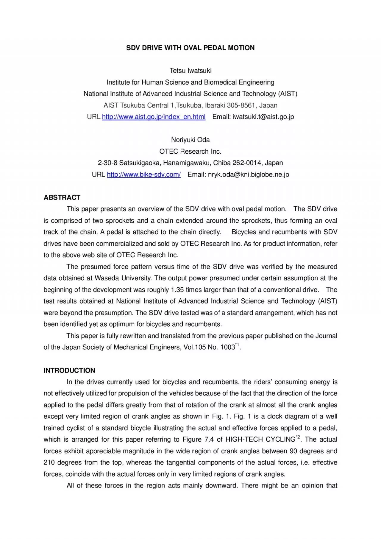 PDF-SDV DRIVE WITH OVAL PEDAL MOTION Tetsu Iwatsuki Institute for Human Sc