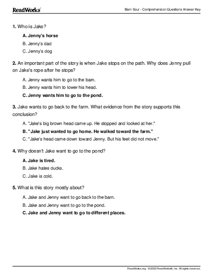 Barn Sour  Comprehension Questions Answer Key