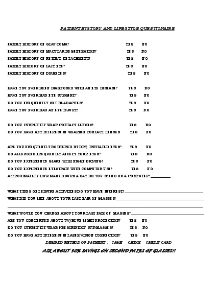 PATIENT HISTORY AND LIFESTYLE QUESTIONAIRE