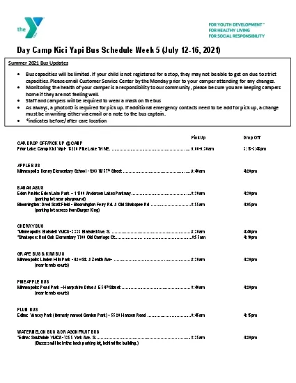 Day Camp Kici Yapi Bus Schedule Week