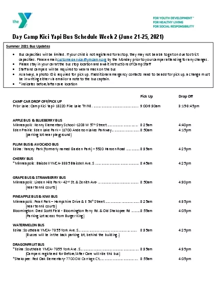 Day Camp Kici Yapi Bus Schedule Week