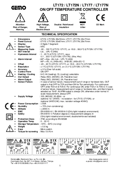 LT172  LT172N  LT177  LT177NONOFF TEMPERATURE CONTROLLER         A