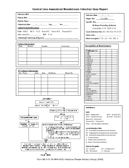 Central LineAssociated Bloodstream Infection Case Report Form BSI 6 0
