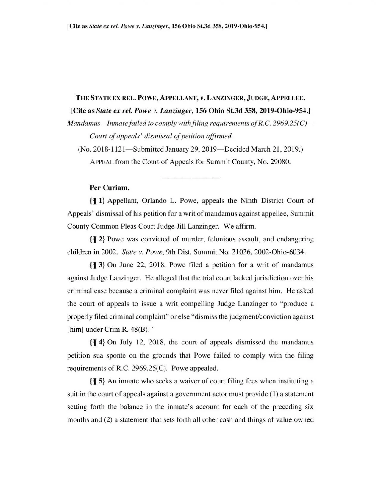 PDF-Cite as State ex rel Powe v Lanzinger 156 Ohio St3d 358 2019Ohio954