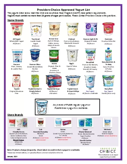 Providers Choice Approved Yogurt List