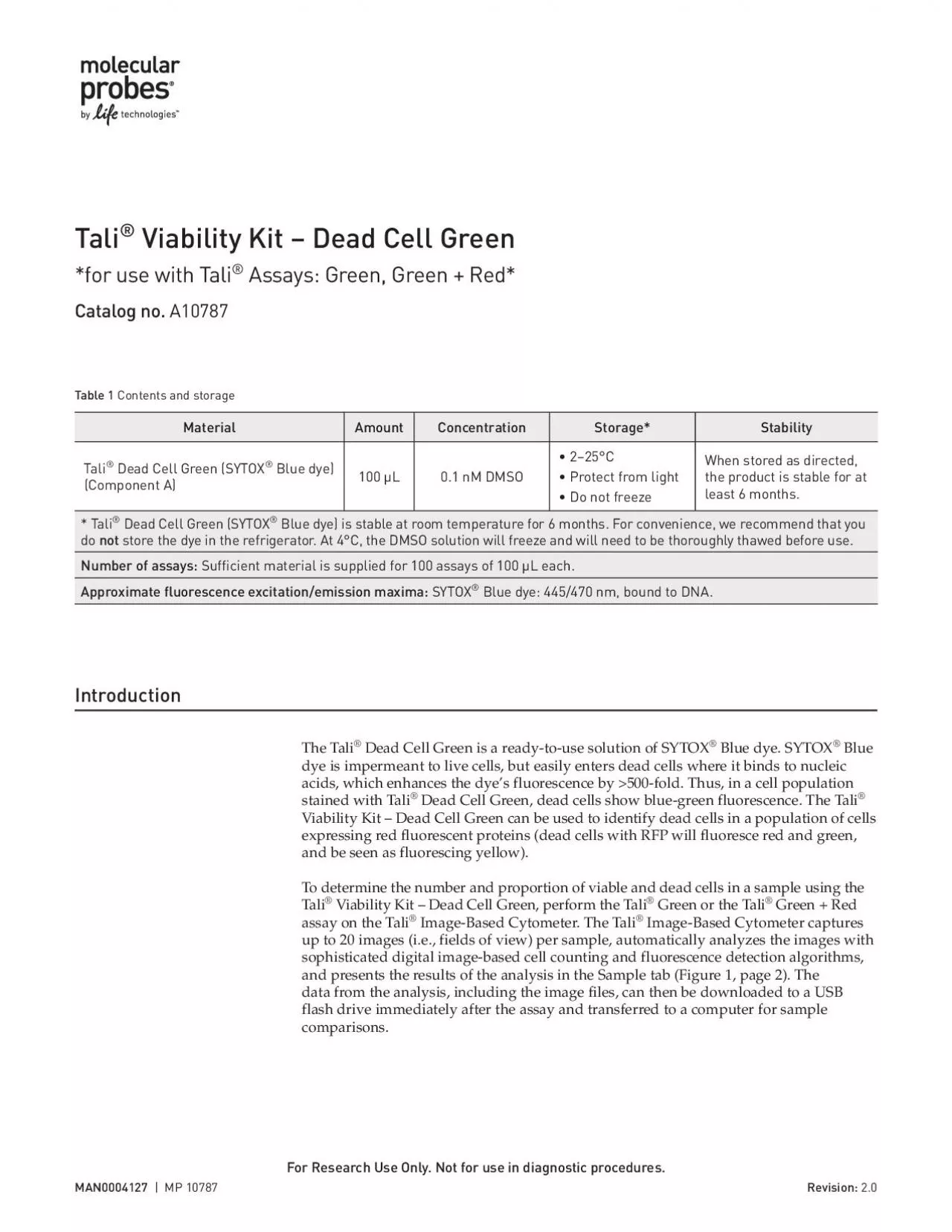 PDF-Tali Viability Kit 150 Dead Cell Greenfor use with Tali Assays Green G